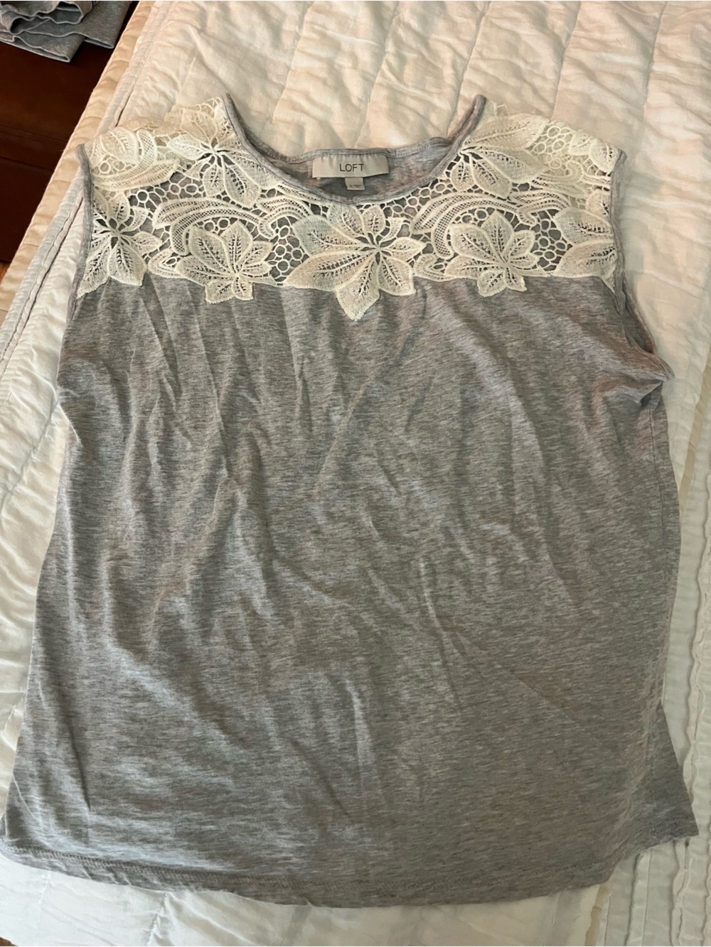 LOFT Light Gray Sleeveless Top with Cream Lace Yoke